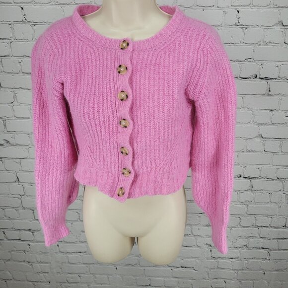 Eleven Six Pink Baby Alpaca Merino Wool Cropped Cardigan Sweater Size Small S - Picture 1 of 12